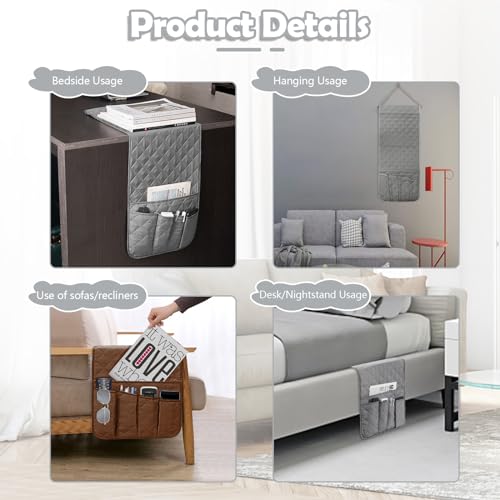 Huakaile Foldable Remote Control Holder Non-Slip Couch Sofa Chair Waterproof Armrest Organizer with 5 Pockets Armrest Organizer Couch Recliner Caddy Fits for Ipad, Phone, Magazines (Grey)