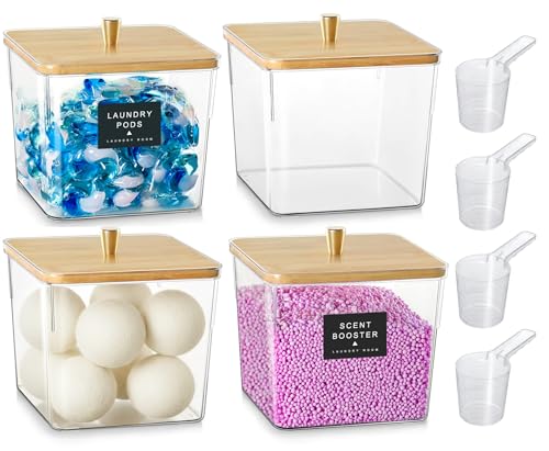 Hudgan 4 Pack Acrylic Storage Containers with Measuring Scoops for Kitchen, Laundry, Pantry, Clear Sturdy Plastic with Gold Handle Perfect for Dried Goods, Snacks, Detergent