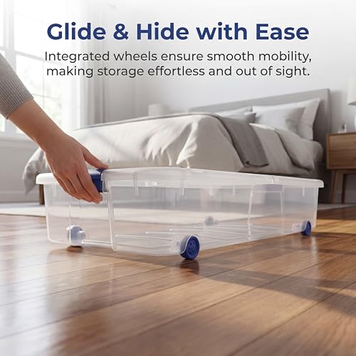 Blue Large Storage Bin, 66 Quart Clear Underbed Storage Container with Latch Lid and Wheels