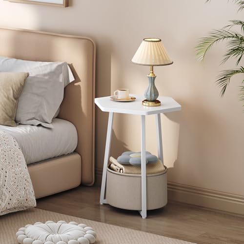 MAHANCRIS Small Side Table, Round End Table with Storage Basket, Modern Nightstand for Small Space, Hexagonal Bedside Table, Couch Side Table for Living Room, Bedroom, White ETWT9901