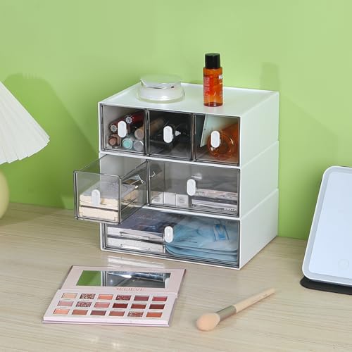 Desktop Storage Drawers, Plastic Desk Organizer with 3 Drawers, Modular Stackable Toolbox Units for Office Stationary, Makeup Container, Bathroom Countertop (1 Tall Layer, White & Clear) - color: 1 Tall Layer & 3 Drawers, White & Clear
