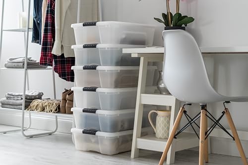 IRIS USA 27 Qt Stackable Plastic Storage Bins with Lids, 6 Pack - BPA-Free, Made in USA - Discreet Organizing Solution, Latches, Durable Nestable Containers, Secure Pull Handle - Pearl - size: 27 Qt, style: 6 Pack