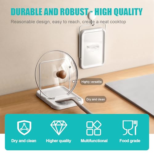 Pot Lid Holder with Spoon Rest for Stove Top and Kitchen Counter, Foldable Pot Lid Organizer with Non-Slip Pads for Lids, Spoons and Spatulas, White