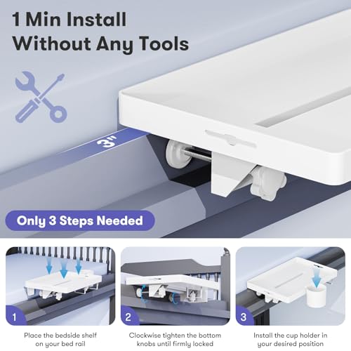 Bedside Shelf for Top Bunk Bed, Bedroom Dorm Room Essential Nightstand for College Student, White Bunk Bed Tray Table with 50LBS Capacity, BedShelf with Cup Holder (Material & Clamping Screw Updated) - color: White (Updated Version)