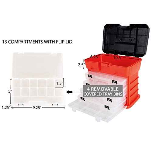 Portable Tool Storage Box - Small Parts Organizer with 4 Multi-Compartment Trays for Fishing Tackle, Hand Tools, or Craft Supplies by Stalwart