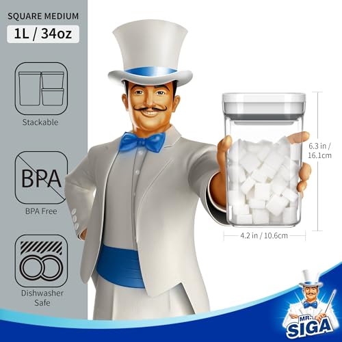 MR.SIGA 4 Pack Airtight Food Storage Container Set, BPA Free Kitchen Pantry Organization Canisters with One-handed Leak Proof Lids, 1L / 33.8oz, Medium, White - color: White