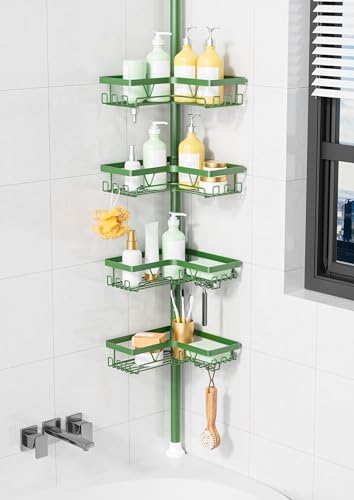 KEGII Shower Caddy Tension Pole, 4-Tier Rustproof Adjustable Corner Bathroom Organizer for Renters, 25–114.2 Inch No Drill Space-Saving Shower Storage Rack, Emerald Green - style: Tension Caddy - Emerald Green