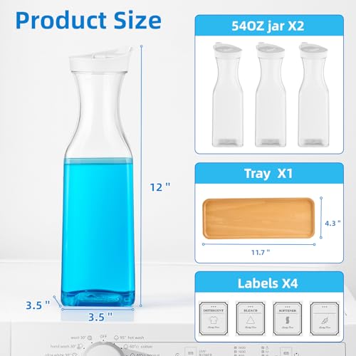 Laundry Detergent Dispenser,54OZ Laundry Soap Dispenser,Liquid Laundry Detergent Container,Fabric Softener Dispenser with Bamboo Wood Tray,Laundry Room Organizer with 4 Labels - color: White With Bamboo Tray