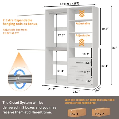 Closet System with 3 Drawers, 4FT Wood Closet Organizer System with 4 Hanging Rods&Adjustable Shevles, 81"Tall Modular Walk In Closet System, Standalone Closet System System, 2 Set,White