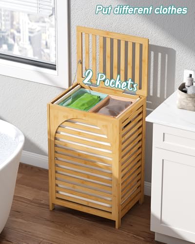 Laundry Hamper, 22.5 Gallon (85L) Bamboo Wood Clothes Laundry Basket with Lid and Handles, Removable Liner (Natural, Large) - color: Natural, size: Large