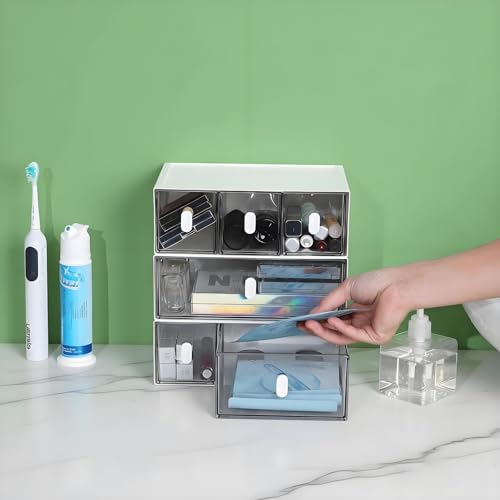 Desktop Storage Drawers, Plastic Desk Organizer with 2 Drawers, Modular Stackable Toolbox Units for Office Stationary, Makeup Container, Bathroom Countertop (Tall Layer, White & Clear) - color: 1 Tall Layer & 2 Drawers, White & Clear