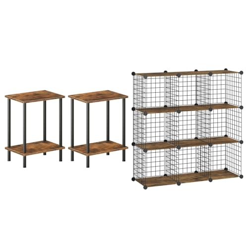 HOOBRO End Tables Set of 2 and Wire Cube Storage Organizer, Small Side Table,9-Cube Shelves, Modular Shelves with Metal Grid, DIY Closet Cabinet BF09BZP201-BF09CW01