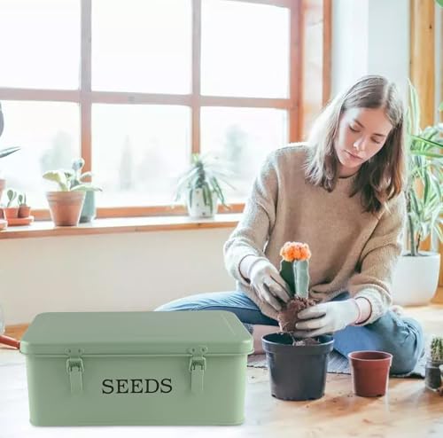 Seed Storage Organizer, 4 Compartment Seed Storage Box with Safety Lock, Metal Seed Box Seed Packet Container with 1 Pen, 12 Slots, 20 Plant Labels & 30 Seed Envelopes, Green Gardening Gift - color: Green Box with Slots