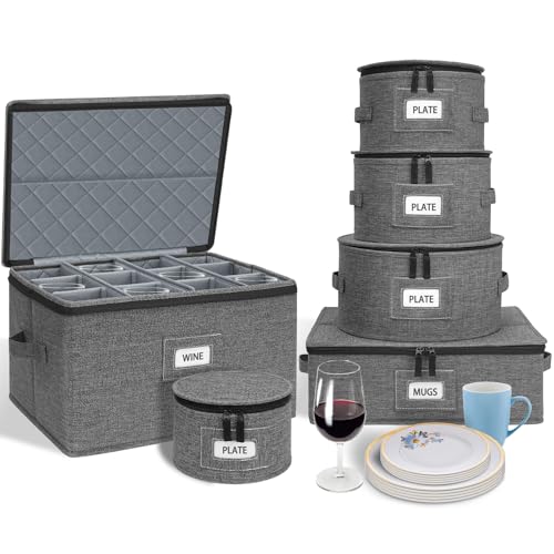 punemi 6-Piece Hard Shell China Storage Containers, Mug & Cup Organizer, Wine Glass Storage Boxes with Dividers & Carry Handles, Moving Boxes for Dinnerware, Glassware, and Stemware,Grey - style: StorageSet-China4pcs-Wine1pcs-Coffee1pcs