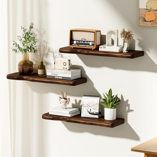 Solid Wood Live Edge Floating Shelves Set of 2 – 24" Rustic Wall Shelf with Hidden Bracket System, Wall Mounted Shelves for Bathroom, Kitchen, Living Room, Bedroom (Walnut) - color: Walnut, size: 24 inch - 2pcs