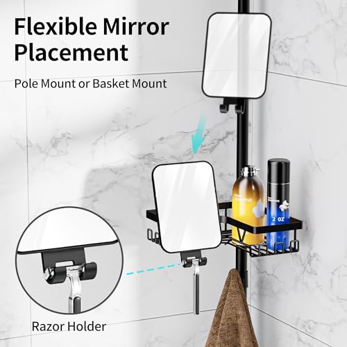 KEGII Shower Caddy Tension Pole - Adjustable Rustproof Corner Bathroom Organizer with Fogless Shower Mirror, 25–114.2 Inch No-Drill Bathroom Storage, Black - style: Tension Caddy with Mirror - Black