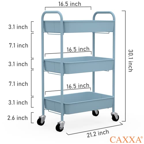 CAXXA 3-Tier Rolling Metal Storage Organizer - Mobile Utility Cart with Caster Wheels, Blue - color: Blue