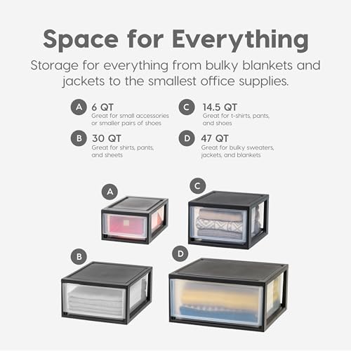 IRIS USA 6 Qt. Small Plastic Stacking Drawer, Stackable Storage Organizer Unit with Sliding Drawer for Bedroom Kitchen Under Sink Pantry Craft Room Dorm Office, Black, 4-Pack - size: 1 count (pack of 4)