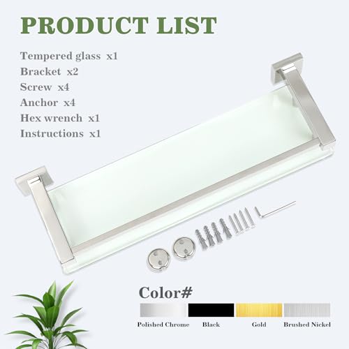 Alise Glass Shelf for Bathroom 20 inch, Polished Chrome Glass Floating Shelves, Stainless Steel Glass Bathroom Shelves Wall Mounted - color: Polished Chrome, size: 20 Inch