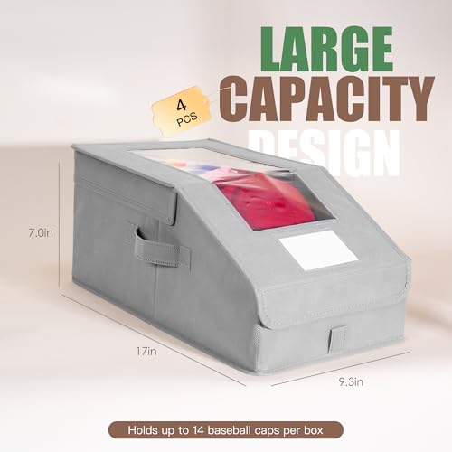 Hat Organizer for Baseball Caps, 4 Pack Stackable Hat Storage Boxes with Clear Window, Holds up to 56 Caps, Foldable Hat Organizer for Closet & Shelf, Grey