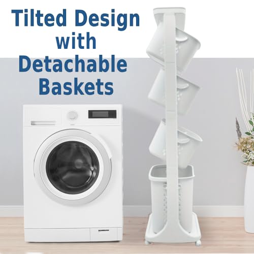 Japard 108 Liters Vertical Rolling Laundry Compact Hamper Ultra Slim, 4 Sorter Cart with Wheels and Breaks, 4-tier Baskets Detachable for Small Space, Dorm, Closet, Bathroom, Easy Assembly White Gray - size: 4 Tier