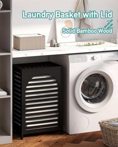 Laundry Hamper, 22.5 Gallon (85L) Bamboo Wood Clothes Laundry Basket with Lid and Handles, Removable Liner (Black, Large) - color: Black, size: Large