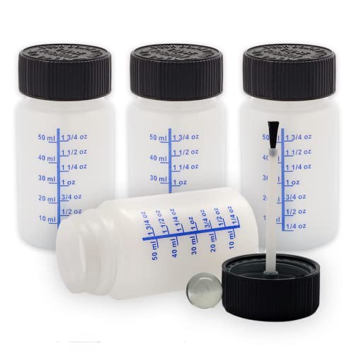 Pack of 4 60cc (2 Ounce) HDPE Bottle with Graduated Markings, Childproof Cap, Mix Ball and Touch-Up Brush for Household or Automotive Paint