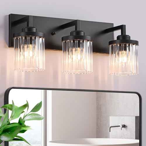 Modern Crystal Bathroom Light Fixtures, 3 Light Black Farmhouse Vanity Lights, with Crystal Glass Shade, Industrial Bathroom Lighting Fixtures Over Mirror Wall Light for Bedroom Living Room