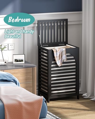 Laundry Hamper, 22.5 Gallon (85L) Bamboo Wood Clothes Laundry Basket with Lid and Handles, Removable Liner (Black, Large) - color: Black, size: Large