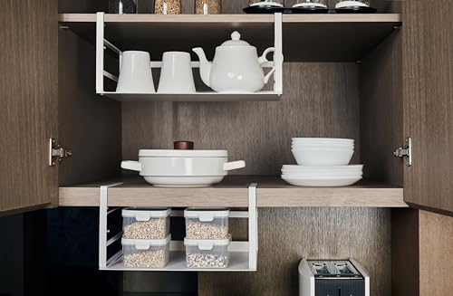 Nxconsu 2 Pack Under Shelf Storage Organizer, Adjustable Knob-Lock Hanging Basket for Kitchen Cabinet Pantry Cupboard Desk, Heavy Duty Metal, 30LB, White, Medium(13.38" W×9.84" D, Interior H 4.88") - size: Medium – 13.4" W