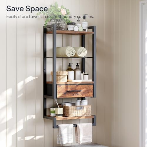 HOOBRO Wall Mounted Towel Rack with Shelf and Drawer, Bathroom Wall Storage Shelf with Towel Bar, Space Saving Over Toilet Organizer for Bathroom, Rustic Brown BF11LB01