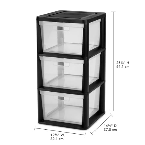 Plastic Drawer Wide Tower Plastic Storage Cart with Clear Pull Out Drawers, Black (Black, 3 Drawer Wide Tower) - color: Black