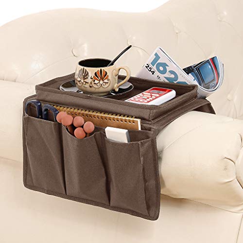Brown Classic Functional Sofa Caddy Bedside Organizer with 8 Pockets TV Remote Holder Bed Storage Pocket Bag for Cellphone Tablet Notepad Book Magazines DVD Glasses - color: #C Brown (With Top Tray)