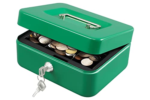 KYODOLED Medium Cash Box with Money Tray,Small Safe Lock Box with Key,Cash Drawer,7.87"x 6.30"x 3.54" Green Medium - color: Green, size: Medium