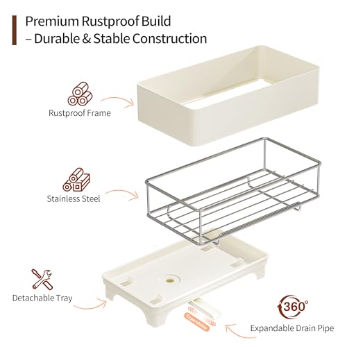 Sponge Holder for Kitchen Sink – Rustproof Stainless Steel, 360° Rotating Drain Pipe, Large Counter Organizer with Drip Tray for Sponges, Brushes & Dish Cloths Off-white - color: Off-White 1