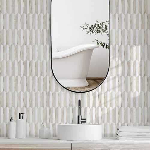 Vamos Tile Peel and Stick Backsplash Seamless Tile for Kitchen and Bathroom,White and Glossy Wooden Marble PVC Mixed Light Gold Self Adhesive Fish Scale Metal Mosaic Tiles (10 Sheets)