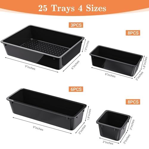 25 PCS Plastic Drawer Organizer Set, 4-Size Versatile Organizer Trays & storage Bins for Makeup, Jewelry, and Gadgets in Bathroom, Bedroom and Office, Black