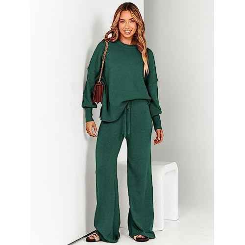 ANRABESS Womens 2 Piece Outfits Fall Lounge Set 2025 Oversized Chunky Knit Sweater Top Wide Leg Pants Loungewear Clothes