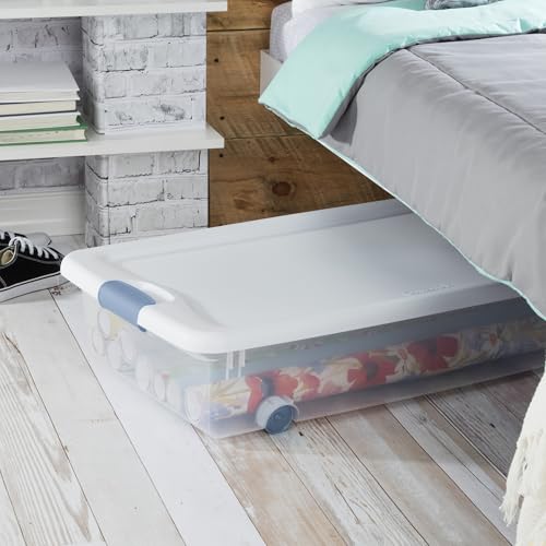 Sterilite 4-Pack 56 Quart Wheeled Latching Box, Underbed Clear Plastic Storage Organizer - Under Bed Rolling Container Bin with Lid and Wheels for Home or Dorm Bedrooms and Closets - size: 56 Quart, style: 4 Pack
