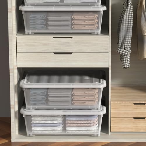 4 Packs 20 Quarts Under Bed Plastic Storage Bins with Lids, Clear Underbed Storage Containers with Wheels