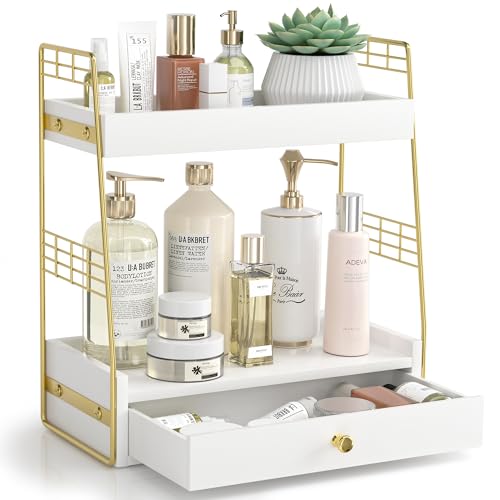 Bathroom Counter Organizer with Drawer, Slim 2-Tier Vanity Countertop Storage Shelf for Skincare, Toiletries & Small Essentials (White) - color: White