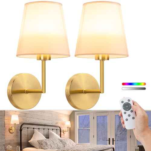VOLISUN Battery Operated Wall Sconce Set of Two,Gold Wireless Sconces with Romote and Rechargeable Bulbs,9 Colors Indoor Wireless Wall Lights for Bedroom Living Room Hallway
