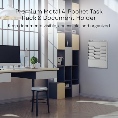 4 Tier Wall Mounted File Organizer, Metal Task Rack for Office Documents, Mail & Folders, Space-Saving Office Wall Organizer, Graywhite 19.5”H - color: Greywhite