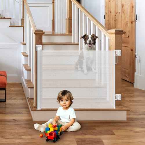 HOMEAL Retractable Baby Gates for Stairs & Doorways, Outdoor Indoor Mesh Dog Gate for Kids or Pet, Extra Wide Baby Gates for Deck, Porch, Hallways, Patio (White, Width Up to 55")
