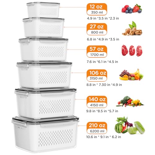 6 PCS Fruit Storage Containers for Fridge with Removable Colanders, 6 Plastic Food Storage Containers with 6 Lids, Leakproof Produce Containers Keep Fruits, Vegetables, Berry, Meat Fresh Longer - color: 6P white
