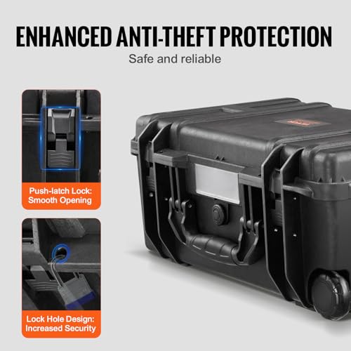 VEVOR Weatherproof Hard Case, Heavy Duty Protective Dry Box with Pre-Cut Foam, Wheels & Retractable Pull Handle for Travel, Hunt, Military, Tactical, IP67 Waterproof Case for Cameras (64x51x25)