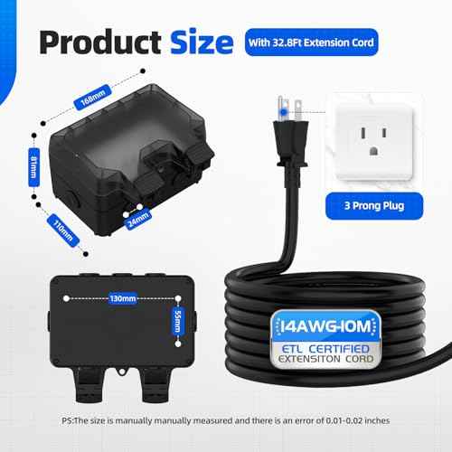 Outdoor Outlet Box with 32.8Ft Extension Cord, NEMA 5-15R, STW 14 AWG,IP66 Waterproof Power Outlet Extender with On/Off Switch & LED Indicator for Garden Yards& Outdoor Activity