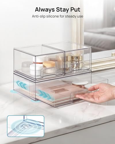 Vtopmart Stackable Storage Drawers Set of 3,Clear Plastic Organizer Bins for Makeup, Cosmetics, Beauty Supplies,Ideal for Vanity, Bathroom,Cabinet,Pantry Organization - style: 2 Small+1 Wide