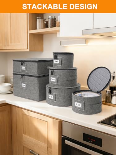 punemi 6-Piece Hard Shell China Storage Containers, Mug & Cup Organizer, Wine Glass Storage Boxes with Dividers & Carry Handles, Moving Boxes for Dinnerware, Glassware, and Stemware,Grey - style: StorageSet-China4pcs-Wine1pcs-Coffee1pcs