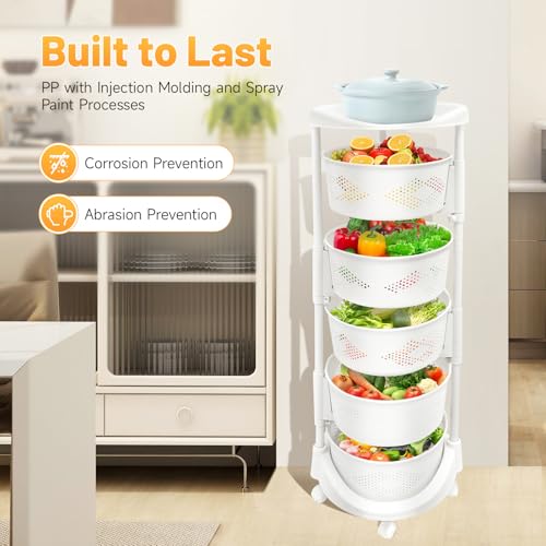 Multi-Layer Vegetable Rotating Basket Rack, Fruit Snack Storage Kitchen Organizer, White Storage Cart, Fruit Basket for Kitchen with 5 Lockable Casters, Vegetable Rack (5 Tiers) - size: 5 Tiers